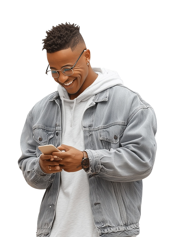 A smiling young man in a denim jacket looking at his mobile phone