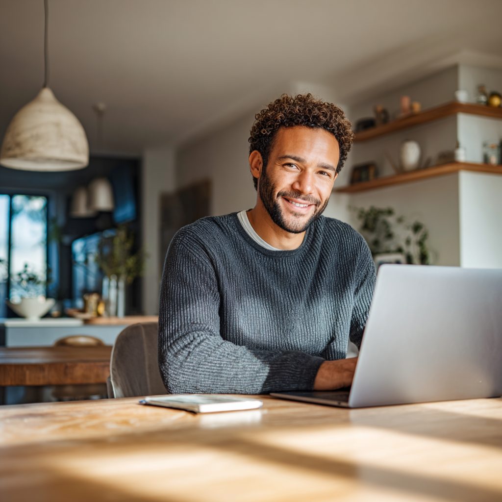 British man smiling with relief after receiving £700 loan approval on laptop