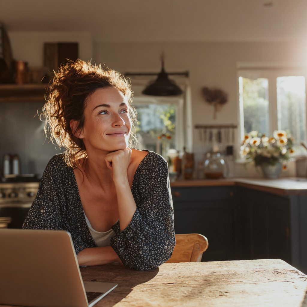 Woman checking 12 month loan options online at home