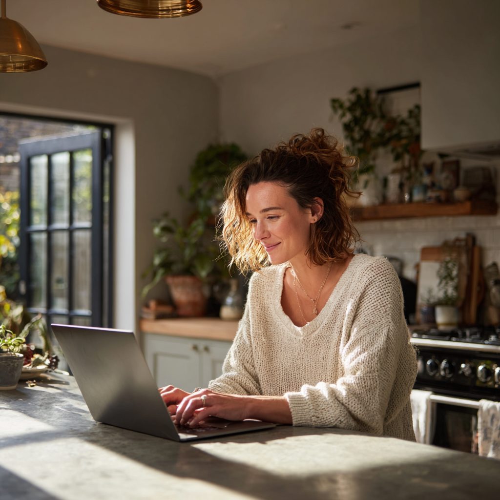  Woman confidently researching APR and loan options online at home