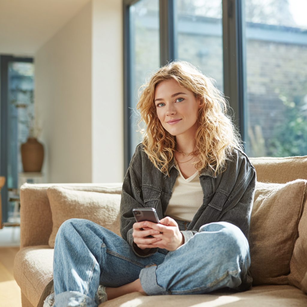 Woman checking borrowing money options on her smartphone at home
