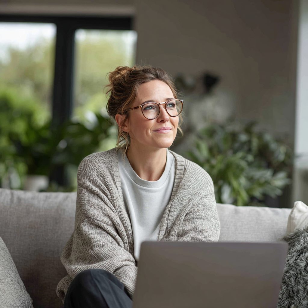 Woman checking no guarantor loan options on laptop in comfortable UK home