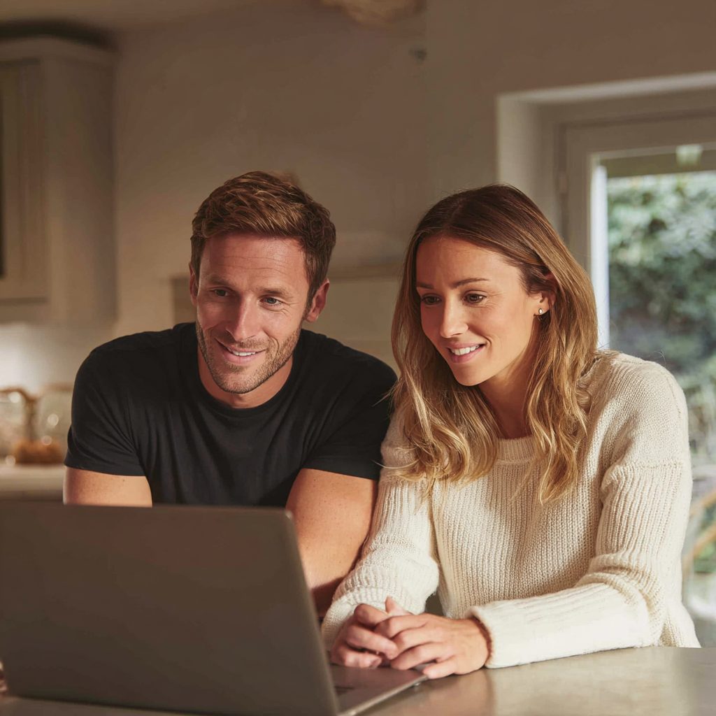 Couple reviewing instalment loan options online at home