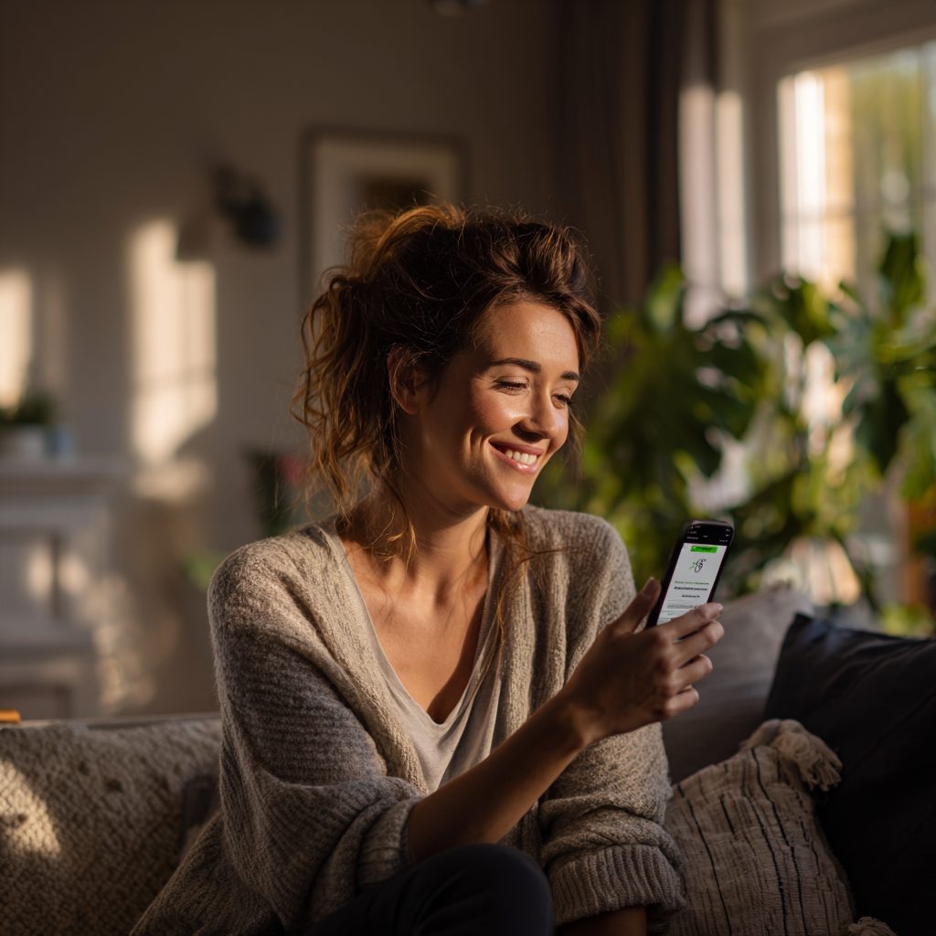 Person looking happy after receiving £100 loan approval on phone