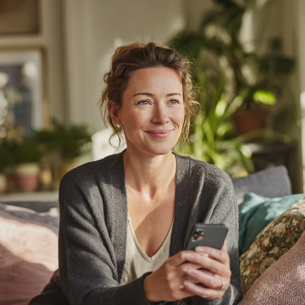 Person looking happy after receiving £100 loan approval on phone