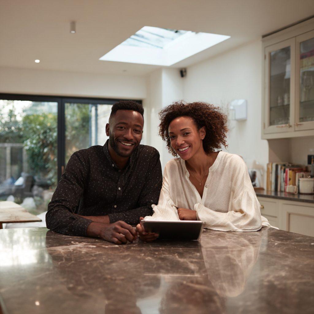 Happy couple reviewing £5000 loan options together