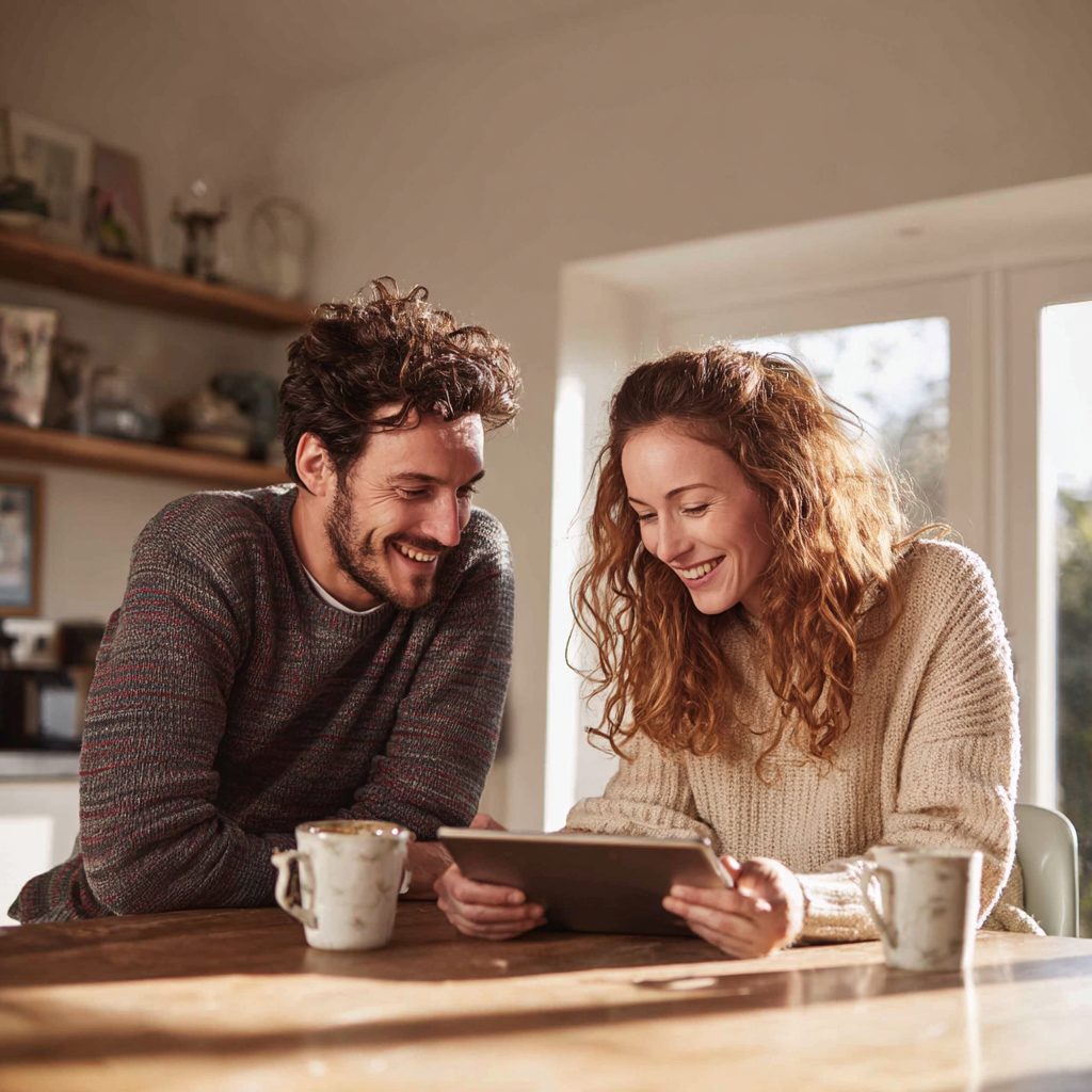 Young British couple smiling while reviewing £700 loan options on tablet at kitchen table