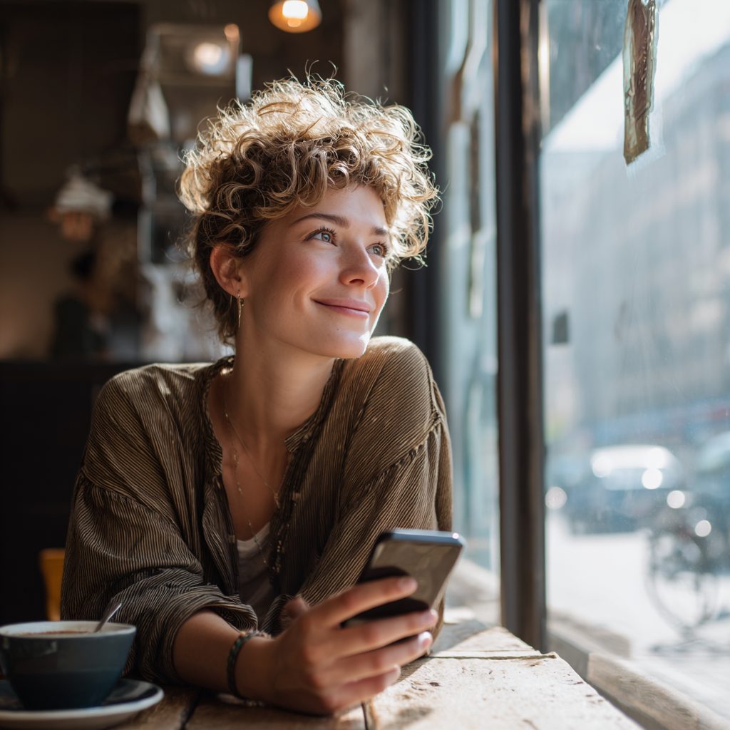 Young woman checking £300 loan repayment costs on her smartphone