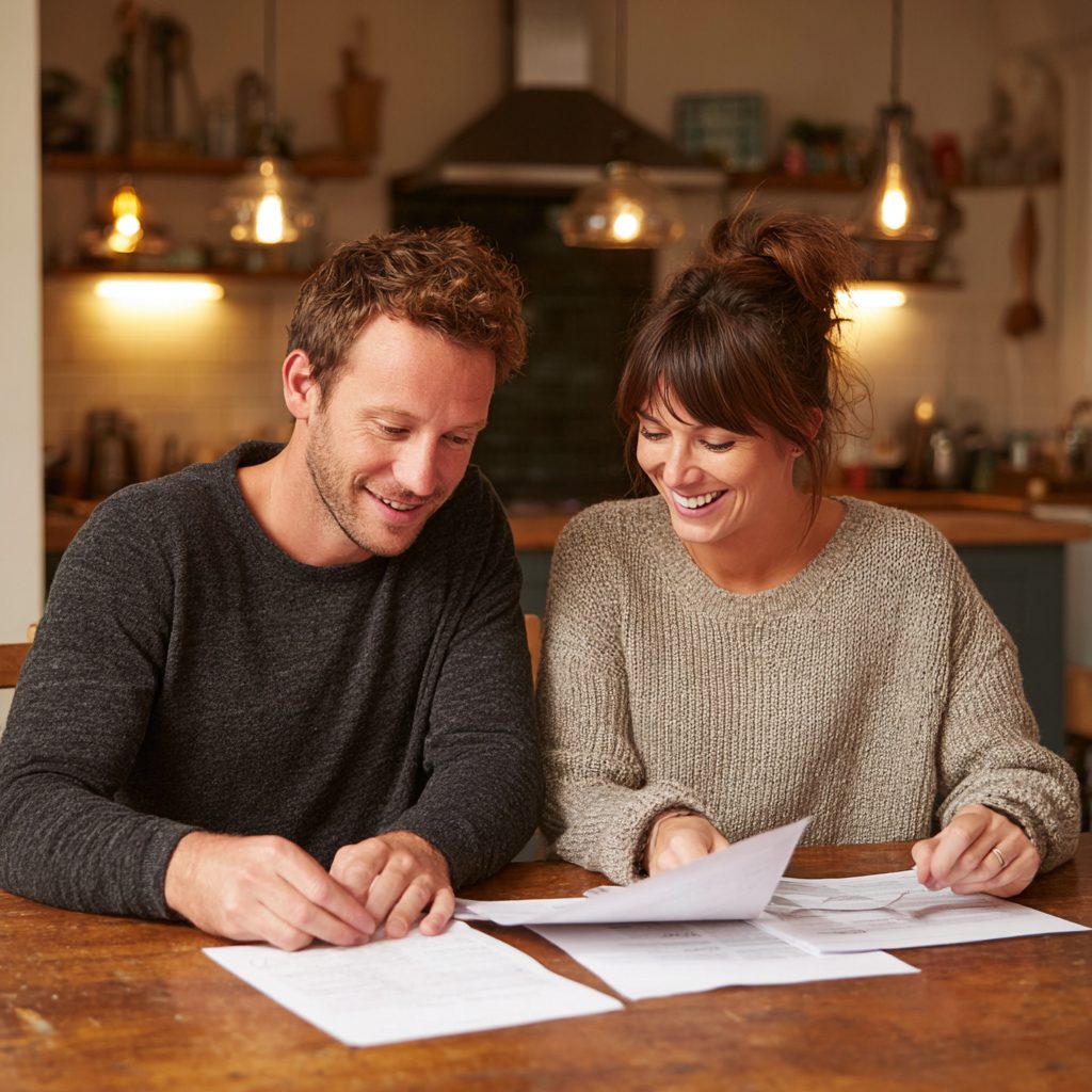 Couple reviewing loan terms to borrow money online at home