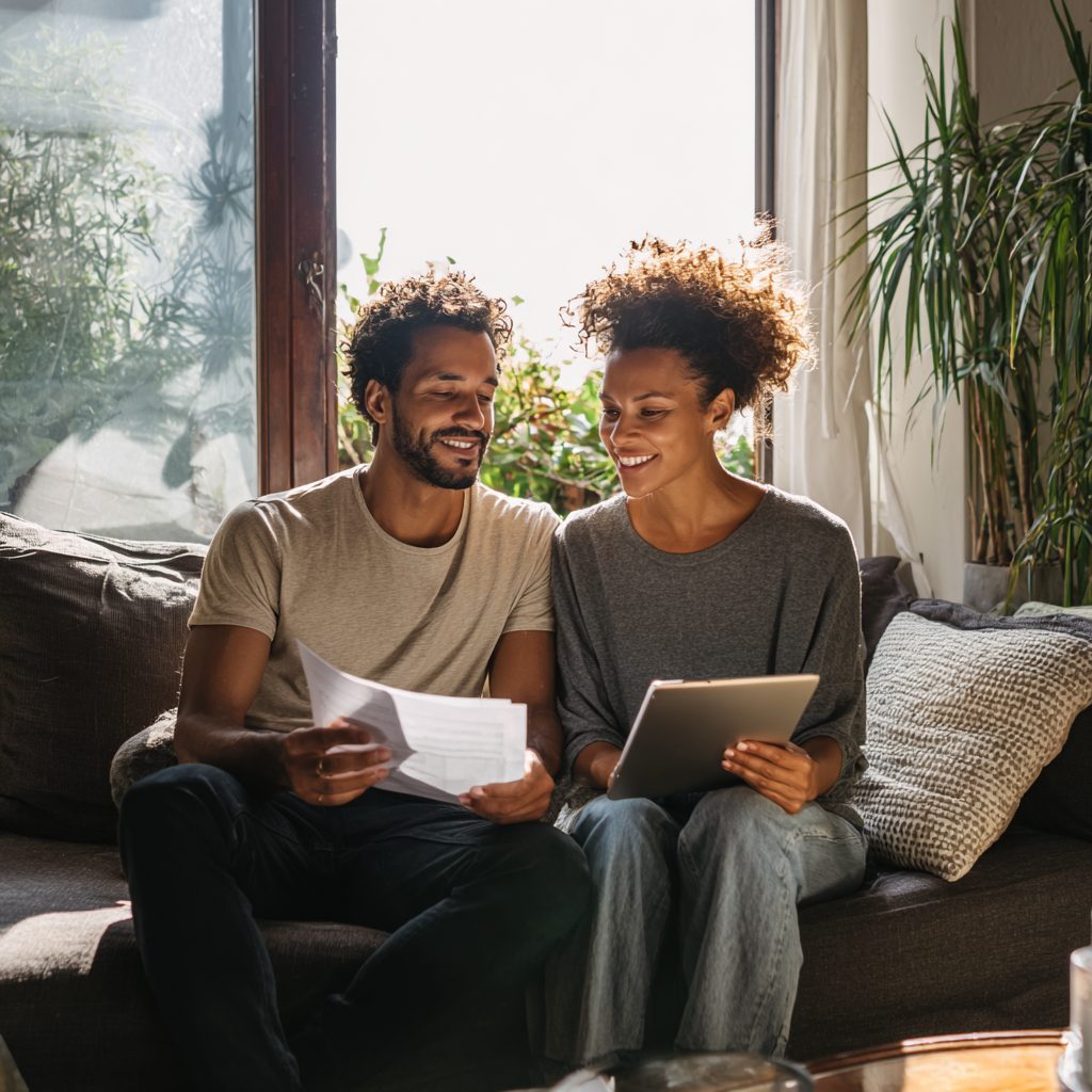 Couple working together planning a household budget