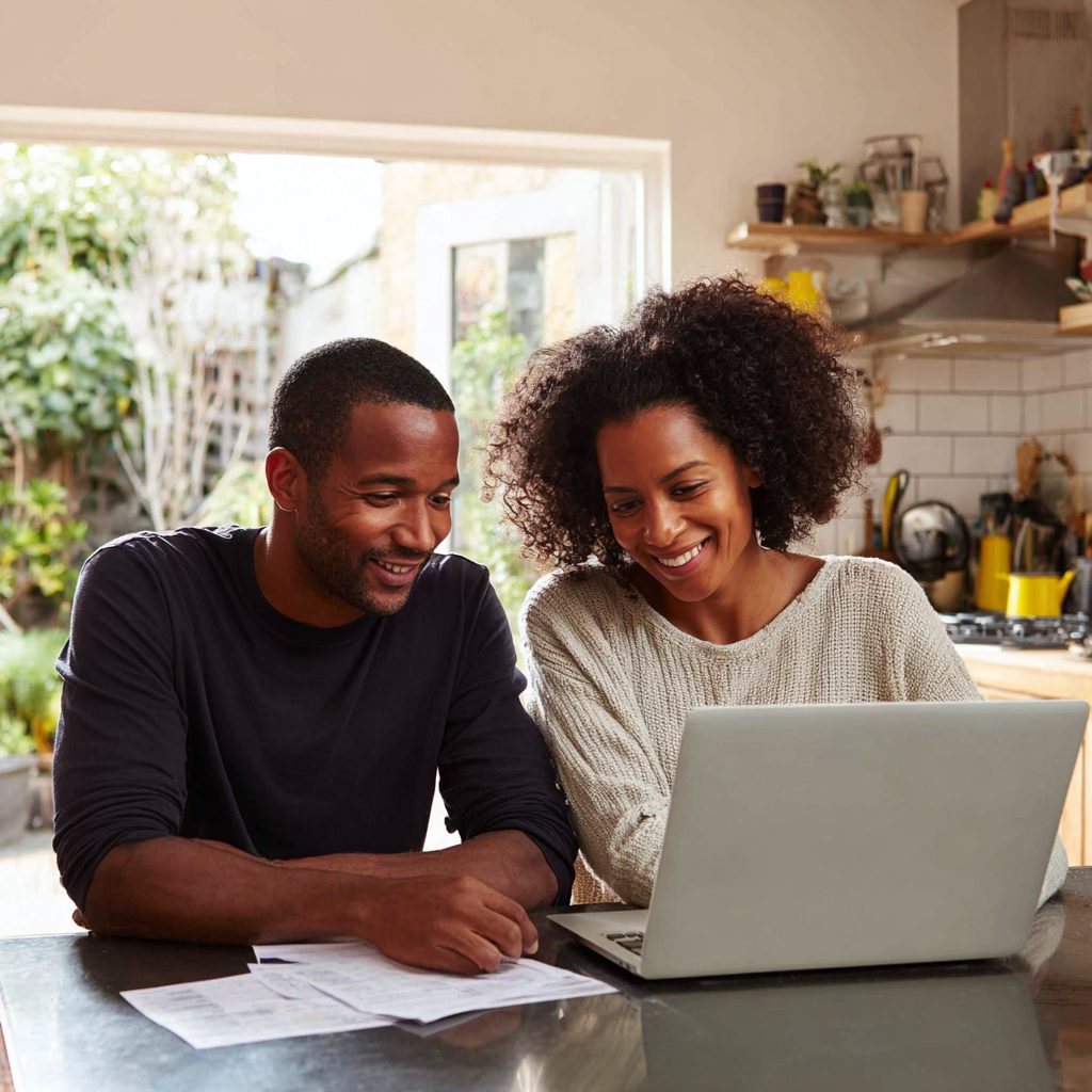 Couple reviewing finances together to improve credit rating