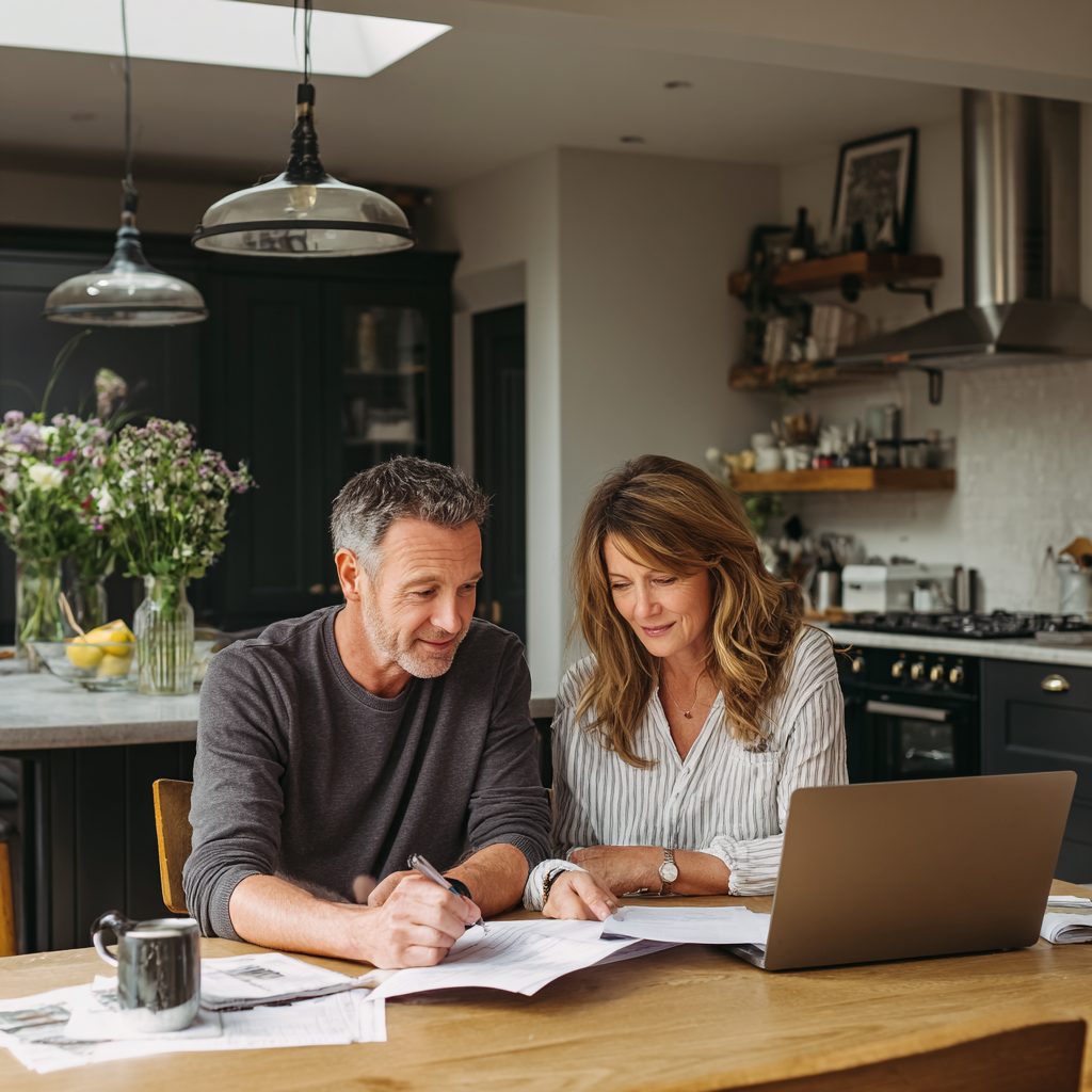 Couple reviewing short term loan repayment options together