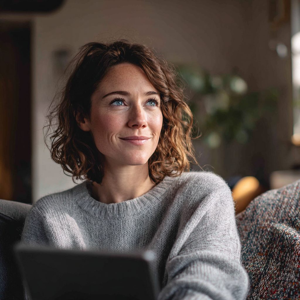 Woman looking confident after successfully arranging a £100 loan