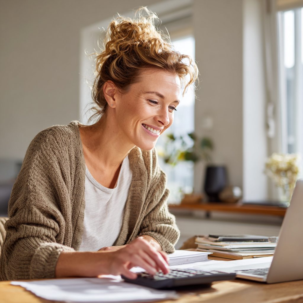 British woman confidently calculating £700 loan repayments at home desk