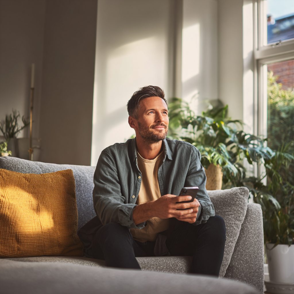 Man relaxing at home after sorting an unexpected expense with a £300 loan
