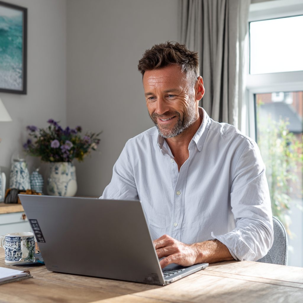 Man completing online loan application on laptop