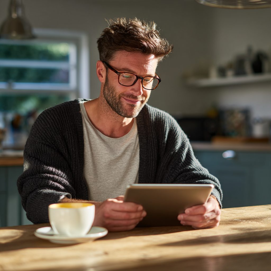 Person completing £700 loan application on tablet at kitchen table