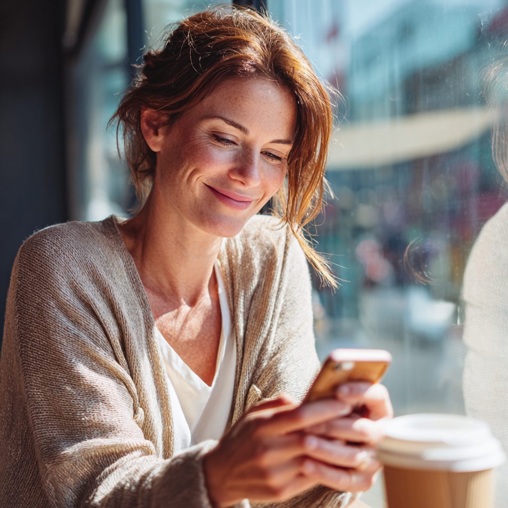 Woman checking her finances on phone with a relieved expression