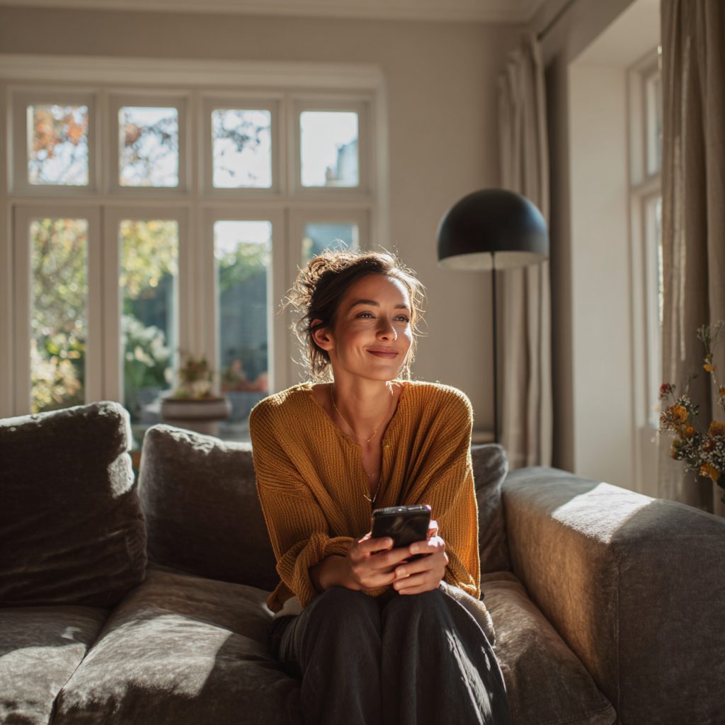 Woman checking short term loan options on her smartphone at home