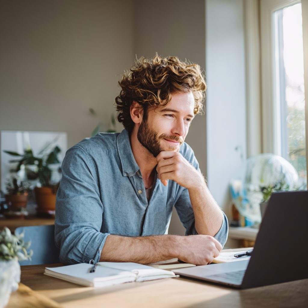 man smiling while checking £100 loan options on his phone at kitchen table