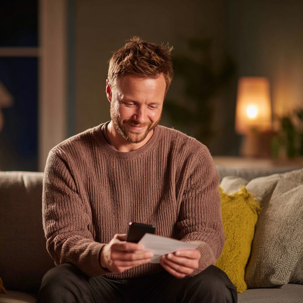 Man reviewing £400 loan costs on phone with confident expression