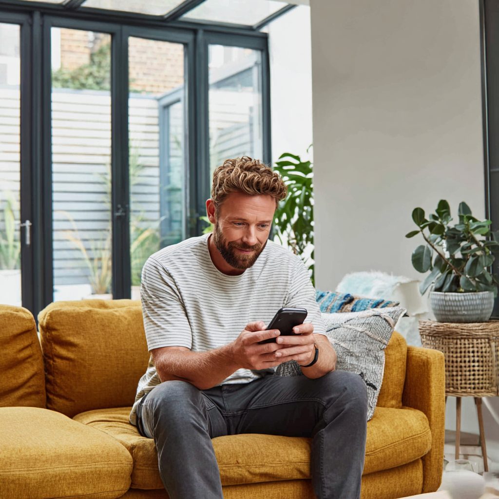 UK resident checking £500 loan eligibility on smartphone in modern living room