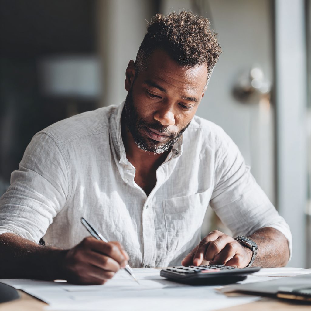 Person calculating £500 loan repayment costs at home office desk