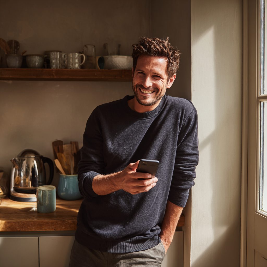 Customer receiving instant £1000 loan decision on smartphone