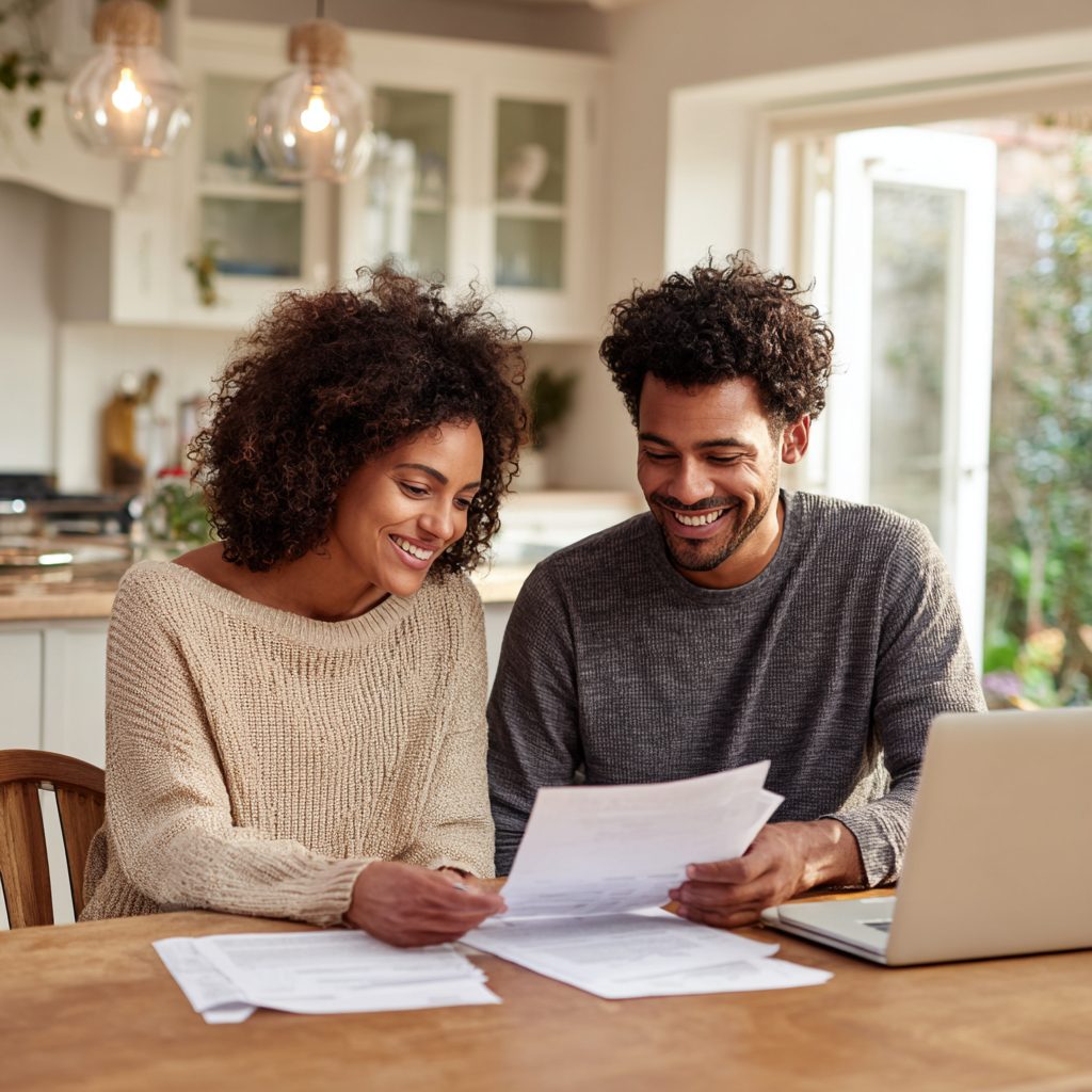 Happy couple reviewing £1000 loan approval together