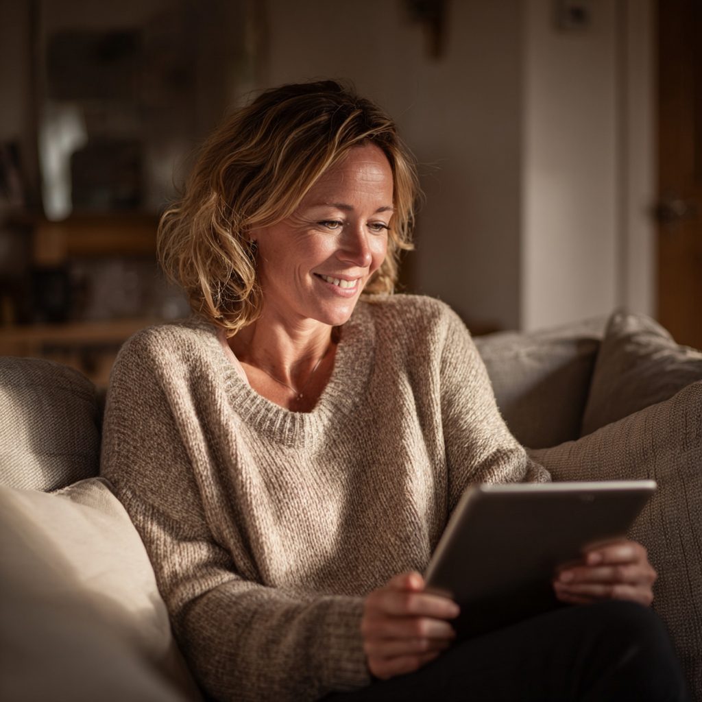 Woman reading £400 loan FAQs on tablet in comfortable living room
