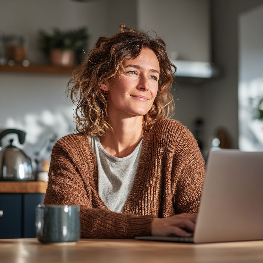 Woman confidently reviewing £400 loan options on laptop in bright UK kitchen